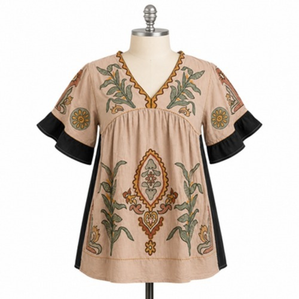 JOIEMONT Dress Womens Medium Beige Embroidered Boho Shift V Neck Short Sleeve
